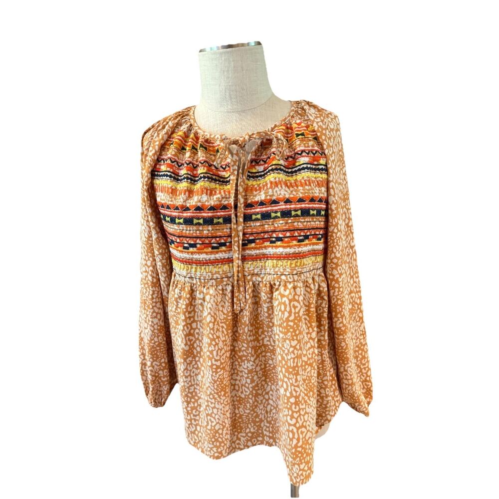Womens Blouse Top Small Orange Leopard Print Balloon Sleeve Outdoor Tie Neck